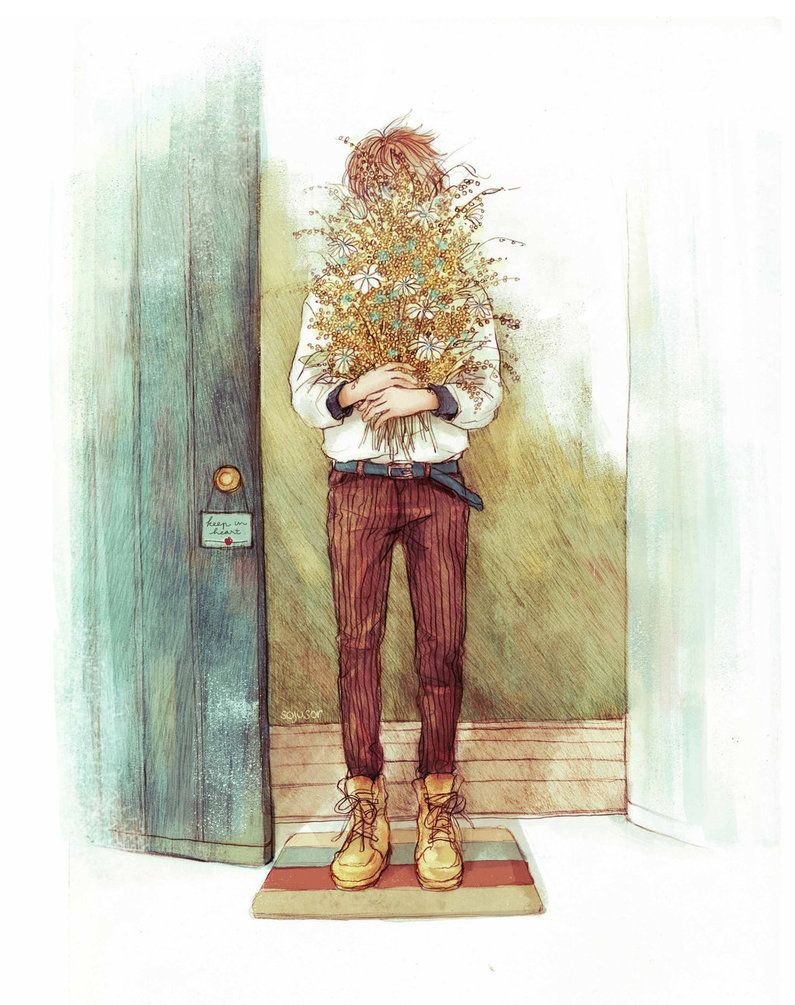 Нарисованный мужчина с букетом