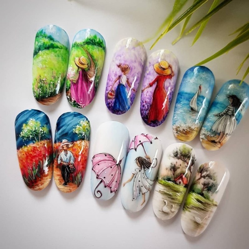 Осенний пейзаж акварелью на ногтях