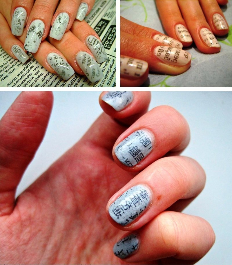 Маникюр с газетным принтом бежевый