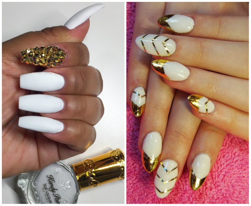 Маникюр белый с золотистыми блестками