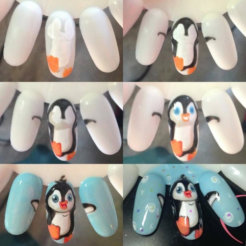 Пингвин рисунок на ногтях