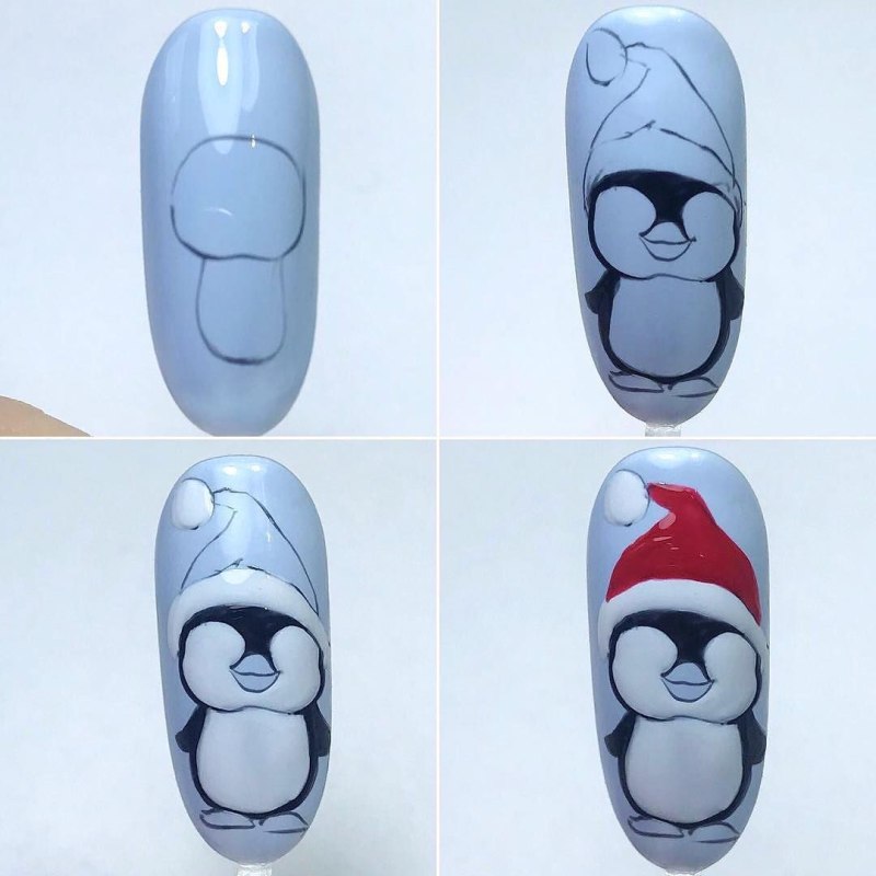 Пингвин на ногтях новогодний