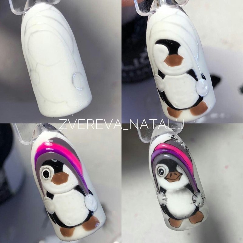 Маникюр с пингвином на короткие ногти