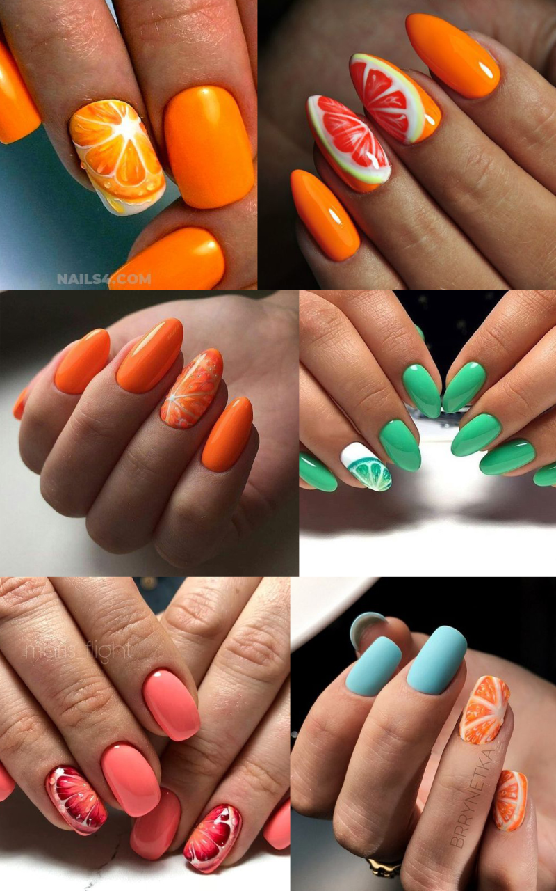 Оранжевый маникюр с апельсинкой