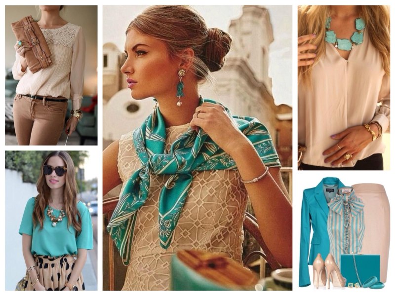 Сочетание коричневого и бирюзового в одежде
