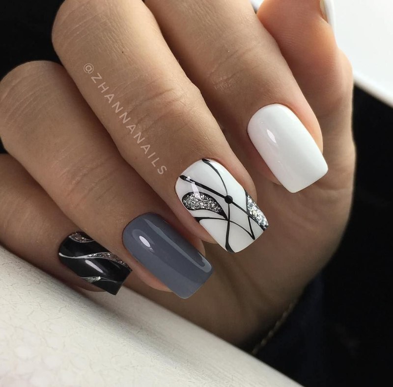 Маникюр черный серый белый