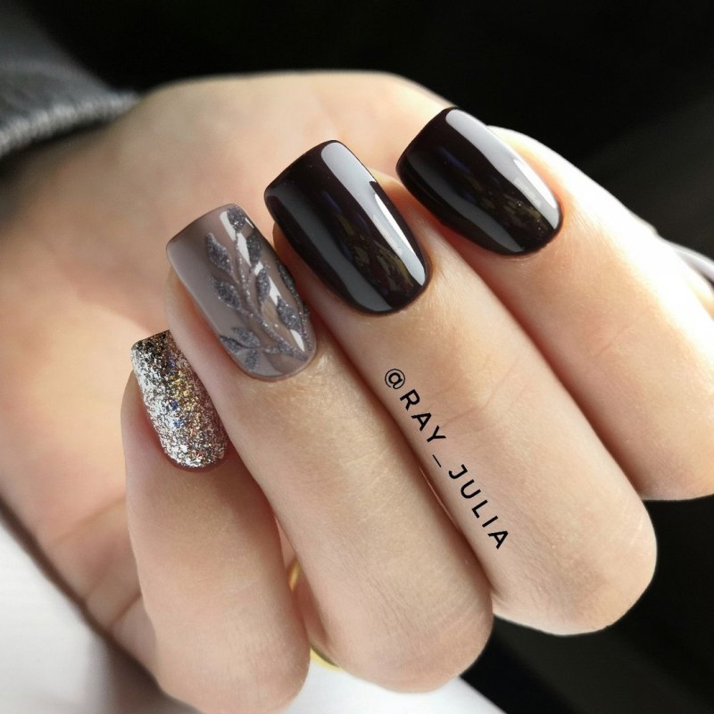 Маникюр на короткие ногти коричневый с черным