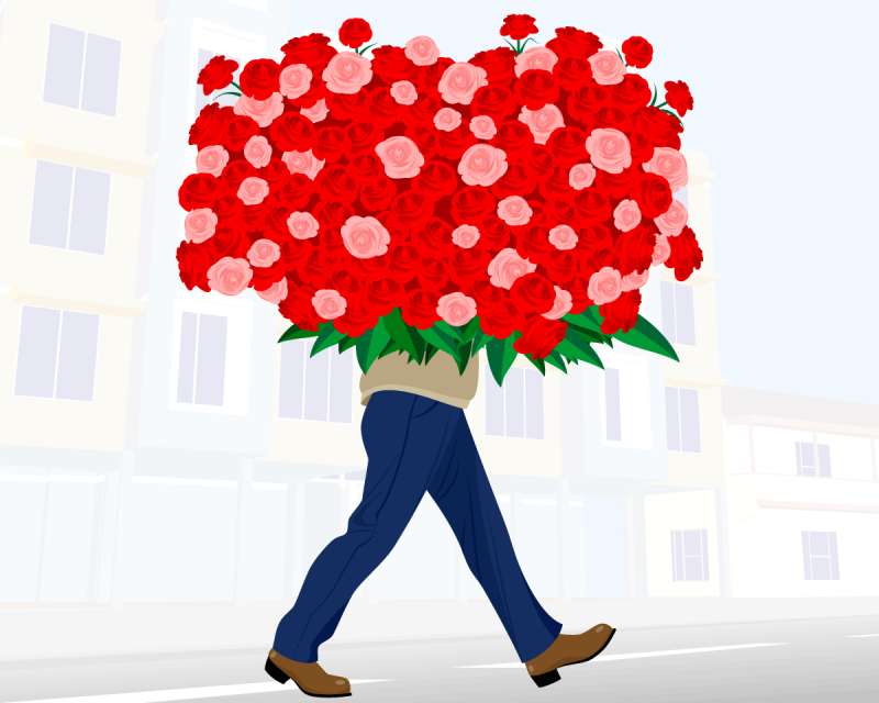 Мужчина с букетом цветов мультяшный
