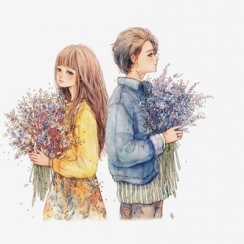 Мальчик и девочка акварель