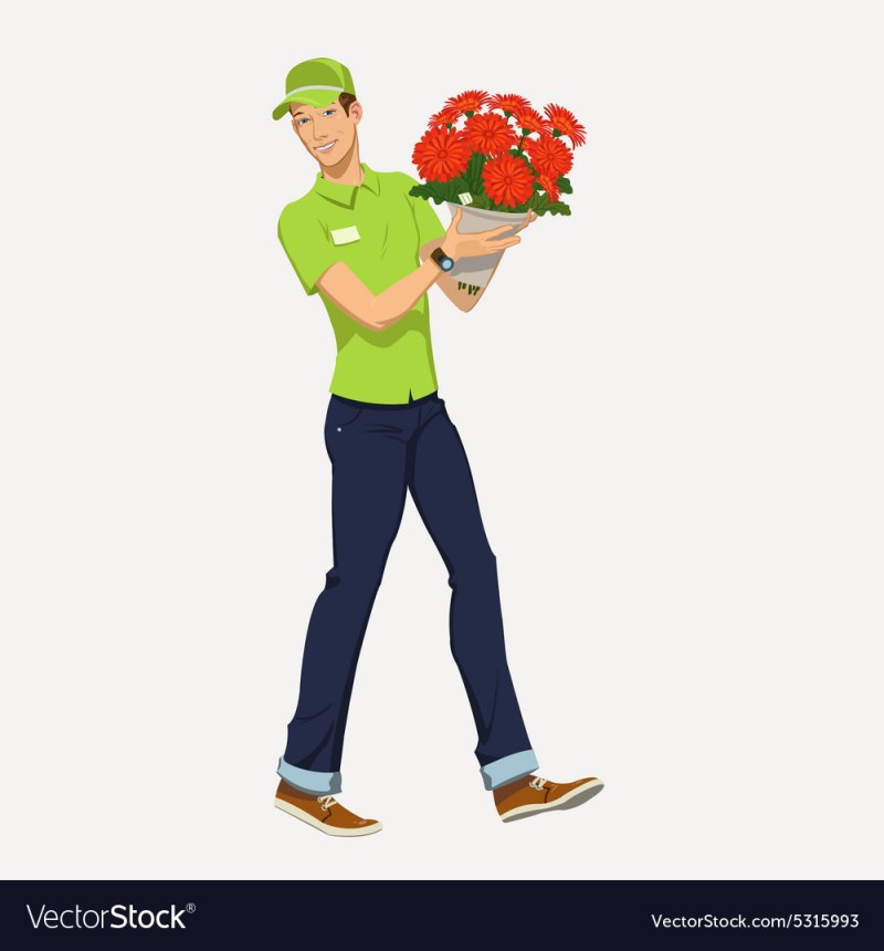 Мужчина курьер с цветами