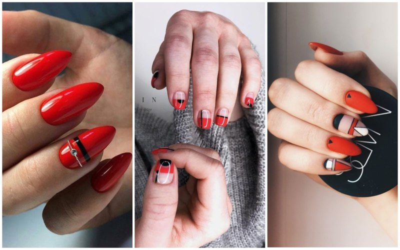 Черно красный маникюр геометрия