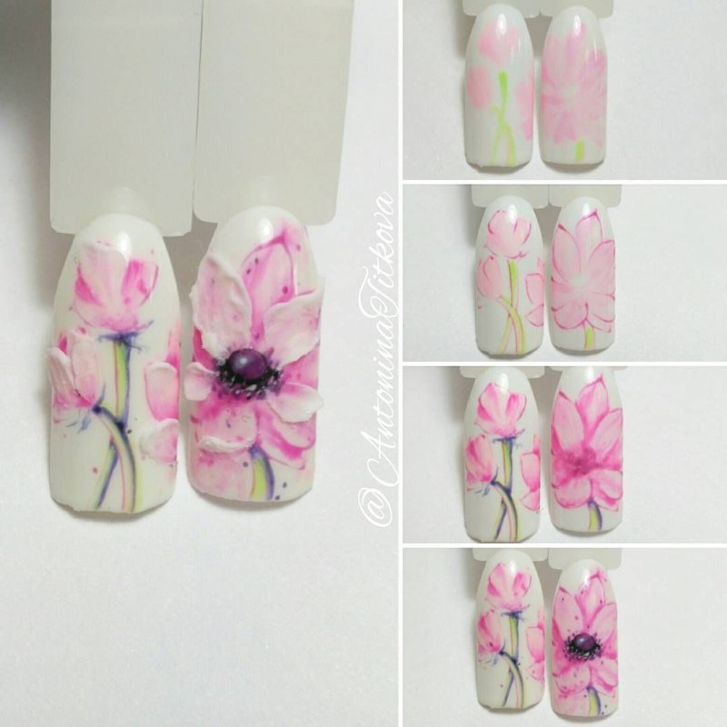 Акварельные цветочки на ногтях пошаговое