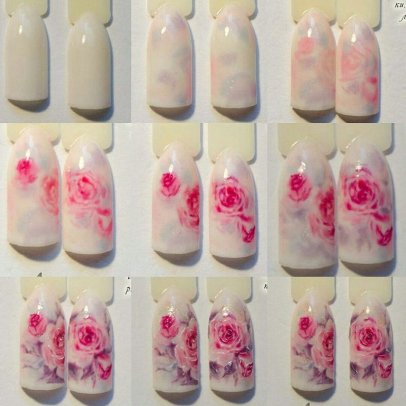 Пионы акварелью на ногтях