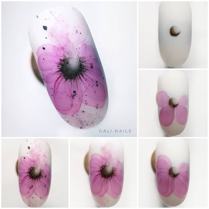 Цветы на ногтях акварельными красками