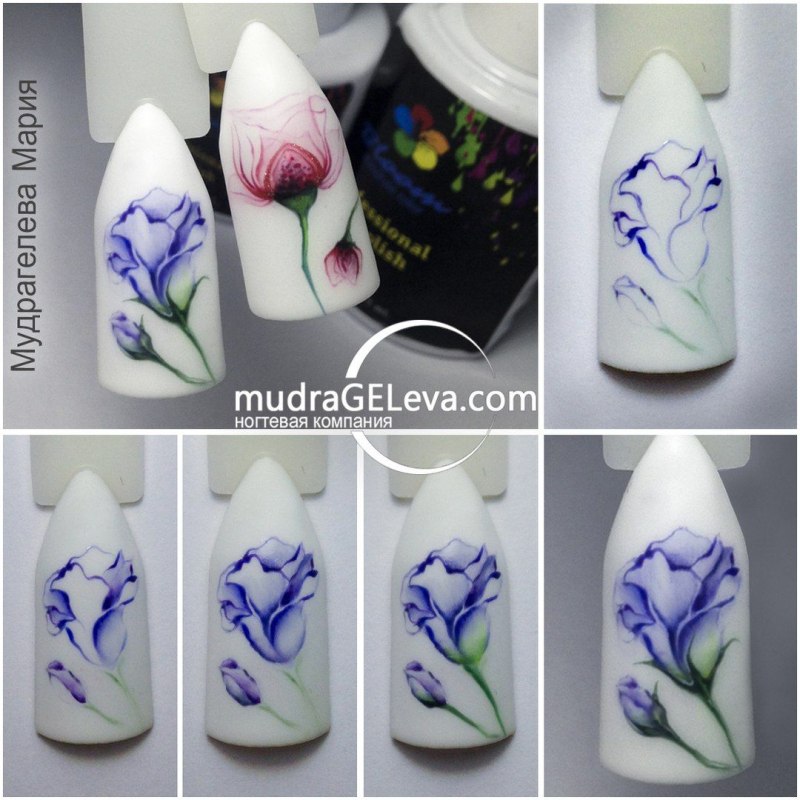 Цветы акварелью на ногтях пошагово