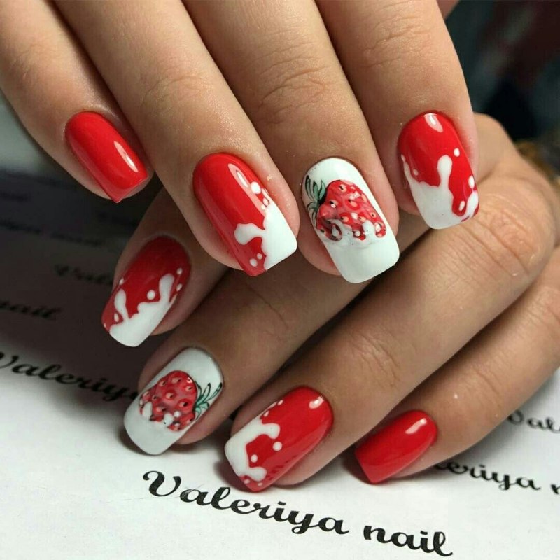 Маникюр на короткие ногти красный с белым