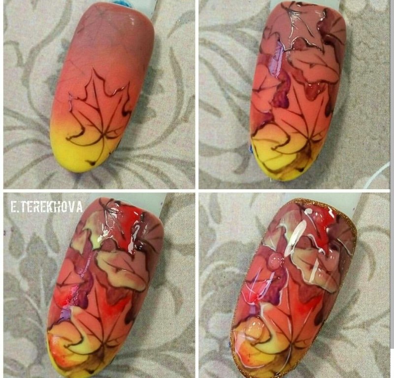 Маникюр нюд с листьями осенними